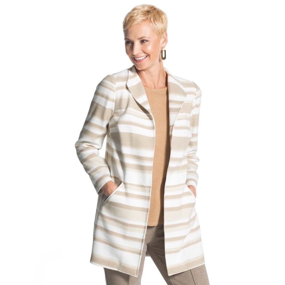 Chico’s Modern Striped Duster Jacket Tan White Neutral Blazer